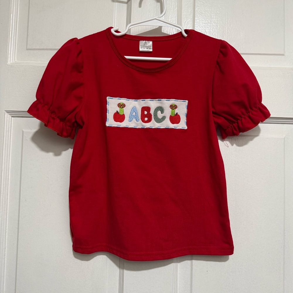 5/6 Girls School Smock Outfit ABC Shirt Gingham Shorts Short Sleeve Red